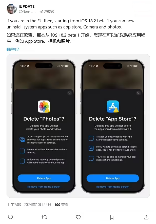 罗湖苹果手机维修分享iOS 18.2 支持删除 App Store 应用商店 